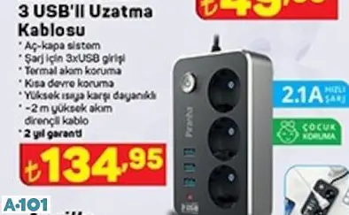 PİRANHA AKIM KORUMALI 3 USB'Lİ UZATMA KABLOSU PİRANHA AKIM KORUMALI 3 USB'Lİ UZATMA KABLOSU